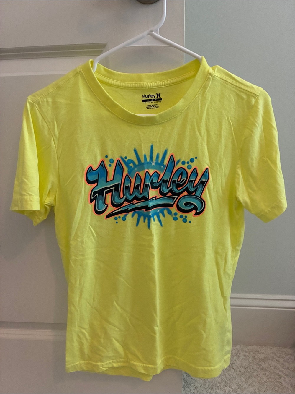 Hurley Neon Yellow Kids Graphic Tee with Blue & Black Logo Size L